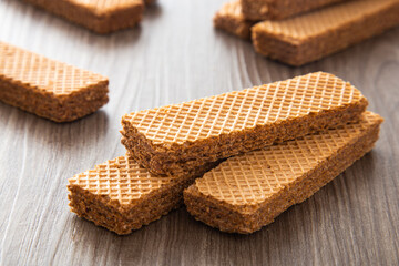Chocolate wafer biscuit on wooden table