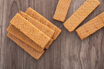 Chocolate wafer biscuit on wooden table