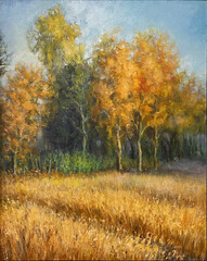 Fototapeta premium Poster of wall art landscape oil painting with forest clip art for background. You can use like luxury invitation card with nature and organic shapes and invite design for wedding.