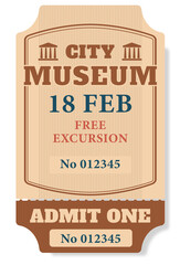 Ticket to the City Museum, number paper card with price. Free excursion to the performance or excursion to the museum
