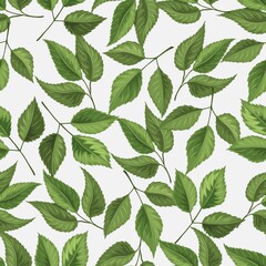 Green leaves on the nature background. Vector green foliage seamless pattern.