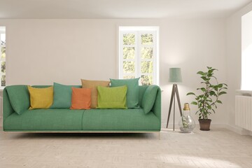 White living room with sofa and summer landscape in window. Scandinavian interior design. 3D illustration