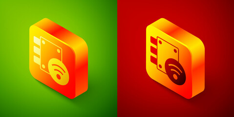 Isometric Digital door lock with wireless technology for unlock icon isolated on green and red background. Door handle sign. Security smart home. Square button. Vector