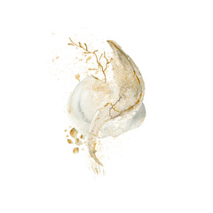 Watercolor minimalist abstract art. Hand painted composition, gold shape, geometric form, splash, spot. isolated on white background. Waves illustration for design, print logo