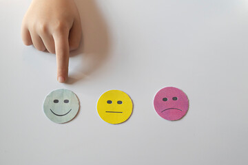 boy choose a happy smile with his finger.on white background.
rating and evaluation concept. Customer service experience and satisfaction survey.