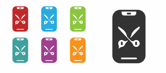 Black Barber online service or platform icon isolated on white background. Idea of hair and beard care. Online appointment. Set icons colorful. Vector