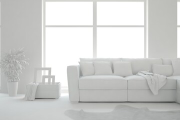 Mock up of stylish room in white color with sofa. Scandinavian interior design. 3D illustration
