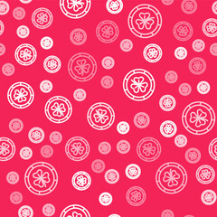 White line Golden leprechaun coin with clover trefoil leaf icon isolated seamless pattern on red background. Happy Saint Patricks day. National Irish holiday. Vector