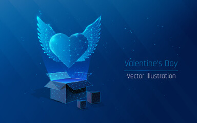 heart with wings out of the box. Low poly design. Postcard Happy Valentine's Day. Modern 3d graphic geometric background. Skeletal structure of the plexus connection. vector illustration.