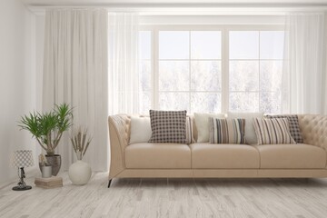 White living room with sofa and winter landscape in window. Scandinavian interior design. 3D illustration