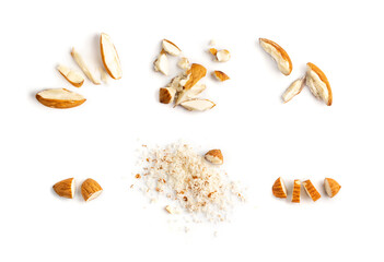 Crushed Almonds Isolated on White Background Closeup