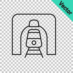 Black line Train in railway tunnel icon isolated on transparent background. Railroad tunnel. Vector