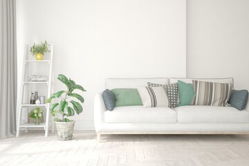 White living room with sofa. Scandinavian interior design. 3D illustration