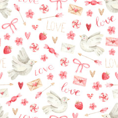 St. Valentines Day seamless pattern. Watercolor texture with doves, love letters, hearts, flowers, arrows and candies.