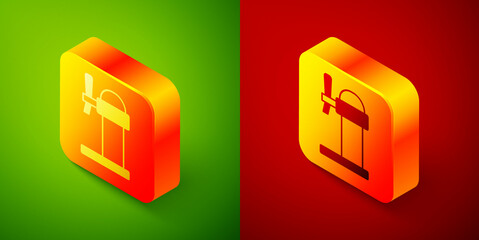 Isometric Dispenser beer icon isolated on green and red background. Beer wide tower with tap. Square button. Vector