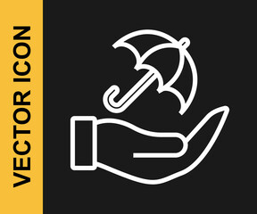 White line Umbrella in hand icon isolated on black background. Insurance concept. Waterproof icon. Protection, safety, security concept. Vector