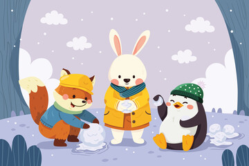 element funny cute winter animal background, suitable for print design, greeting card, invitation, winter animal playing together, rabbit, fox and penguin, vector flat illustration style