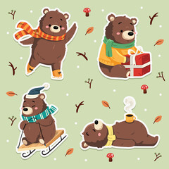 bundle, set of element bear funny cute winter animal sticker, suitable for print design, greeting card, invitation, vector flat illustration style