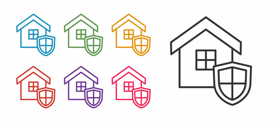 Fototapeta premium Set line House with shield icon isolated on white background. Insurance concept. Security, safety, protection, protect concept. Set icons colorful. Vector