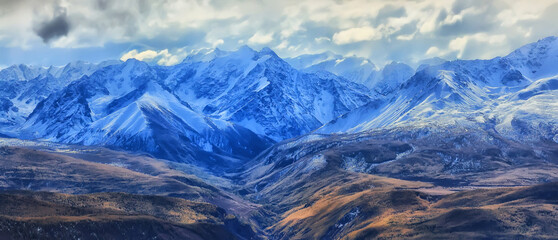 mountains snow altai landscape, background snow peak view - obrazy, fototapety, plakaty