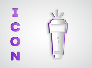 Paper cut Flashlight icon isolated on grey background. Paper art style. Vector