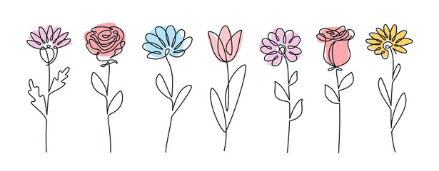 Fototapeta Continuous line drawing set of flowers. Plants one line illustration. Minimalist Prints vector illustration obraz