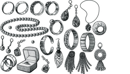 Jewellery collection, illustration, drawing, engraving, ink, line art, vector - 480695775