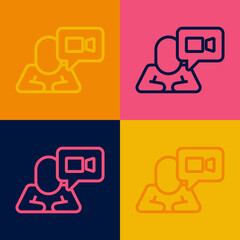 Pop art line Video chat conference icon isolated on color background. Online meeting work form home. Remote project management. Vector