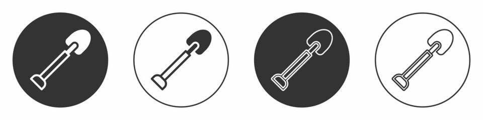 Black Shovel icon isolated on white background. Gardening tool. Tool for horticulture, agriculture, farming. Circle button. Vector