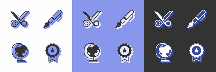 Set Medal with star, Scissors, Earth globe and Fountain pen nib icon. Vector