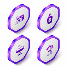 Set Isometric Coliseum, Perfume, Ice cream in the bowl and Coffee maker moca pot icon. Purple hexagon button. Vector