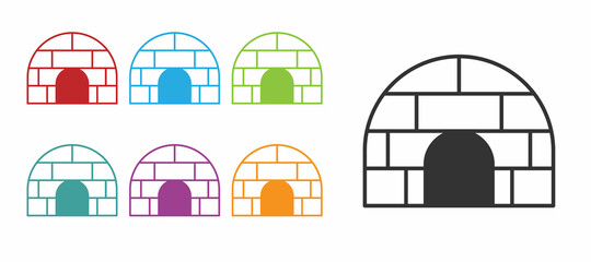 Black Igloo ice house icon isolated on white background. Snow home, Eskimo dome-shaped hut winter shelter, made of blocks. Set icons colorful. Vector