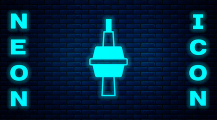 Fototapeta premium Glowing neon TV CN Tower in Toronto icon isolated on brick wall background. Famous world landmarks icon concept. Tourism and vacation theme. Vector