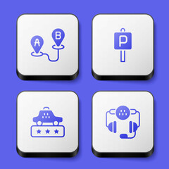 Set Route location, Parking, Taxi service rating and call telephone icon. White square button. Vector