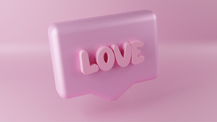 3d realistic  love message text social media notification icon on pink pastel color background with shadow 3D rendering.