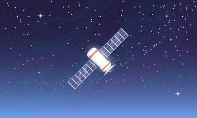 White satellite flying in space orbit around a planet. Space communication and data transfer concept. Solar panels and radio dish on satellite. Starry sky with galaxy and atmospheric dim. 