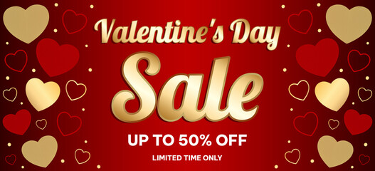 Valentines day sale web banner with golden and red hearts. Sale up to 50 percent off.