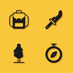 Set Hiking backpack, Compass, Tree and Hunter knife icon with long shadow. Vector