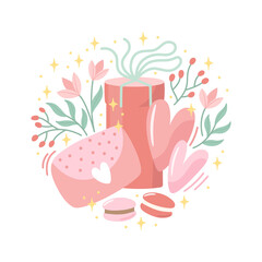 Valentine day vector illustration with lettering on a white background. Creative greeting card with hand-drawn hearts and decorative elements. Elegant design for banners, posters, invitations.