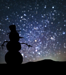 Fototapeta na wymiar silhouette of a snowman in a hat, against the background of the bokeh of the starry sky. No foreground focus. The object in the foreground was drawn by me personally, so there is no reference