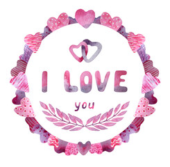 A round frame of watercolor pink and purple hearts, leaves and a handwritten inscription 