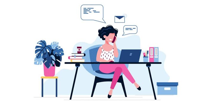Happy female office worker. Successful businesswoman uses laptop, speaks on the phone sitting at the table. Office work concept. Freelancer. Personal Assistant. Distance working. Animation. 4K video.