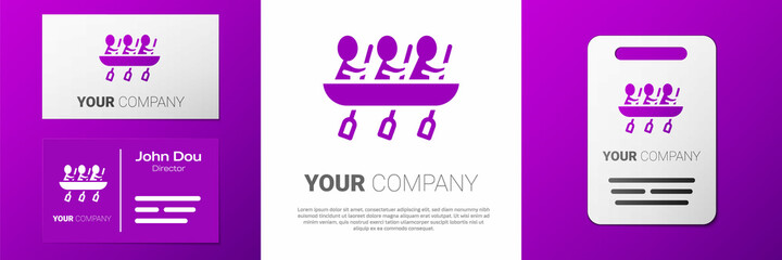 Logotype Canoe rowing team sports icon isolated on white background. Three athletes with oars rowing in boat. Teamwork concept. Logo design template element. Vector