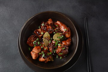 Homemade Filipino Adobo Pork with White Rice. Close-up shot of Filipino style adobo.