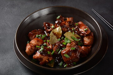 Homemade Filipino Adobo Pork with White Rice. Close-up shot of Filipino style adobo.