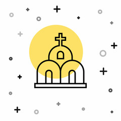 Obraz premium Black line Church building icon isolated on white background. Christian Church. Religion of church. Random dynamic shapes. Vector