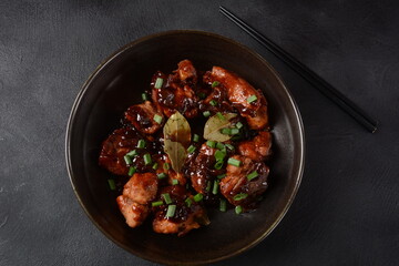 Homemade Filipino Adobo Pork with White Rice. Close-up shot of Filipino style adobo.