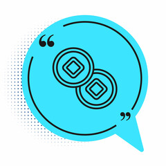Black line Chinese Yuan currency symbol icon isolated on white background. Coin money. Banking currency sign. Cash symbol. Blue speech bubble symbol. Vector