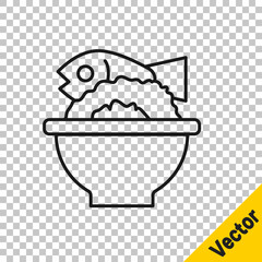 Black line Served fish on a bowl icon isolated on transparent background. Vector