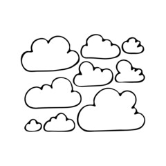 Obraz premium Weather heavily cloudy, fog doodle. Vector hand drawn meteorological forecast symbols. Cloud season. Thin line web design icon.